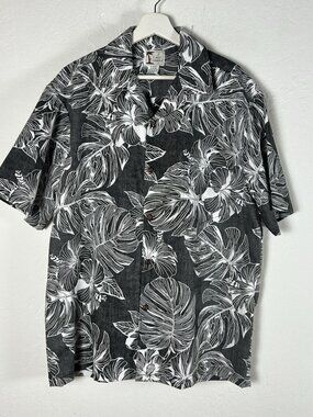 Y Not Hawaii Shirt Mens XL Black White Monstera Hibiscus Aloha Camp Button Up